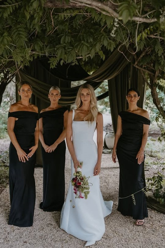 Black Satin Fitted Off-Shoulder Sleeveless Long Bridesmaid Dress