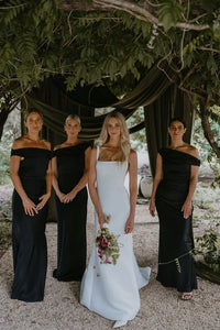 Black Satin Fitted Off-Shoulder Sleeveless Long Bridesmaid Dress