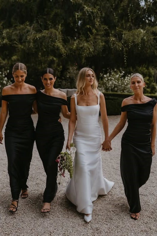 Black Satin Fitted Off-Shoulder Sleeveless Long Bridesmaid Dress