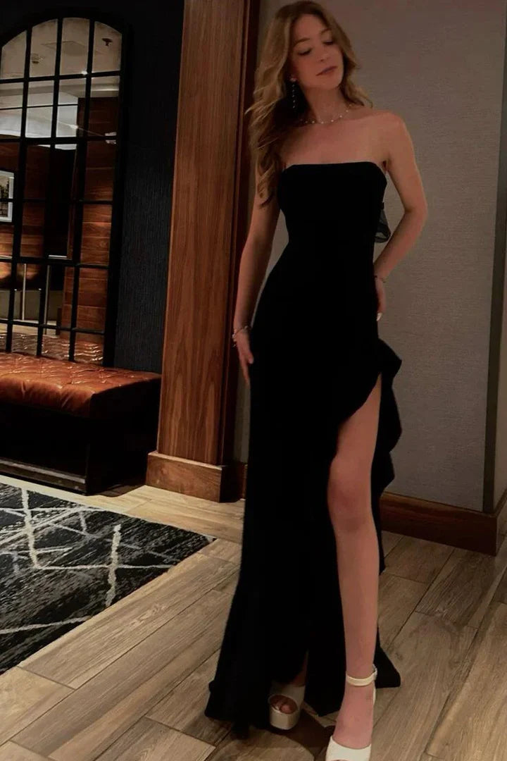 Black Satin Fitted Strapless Ruffle Split Party Prom Dress