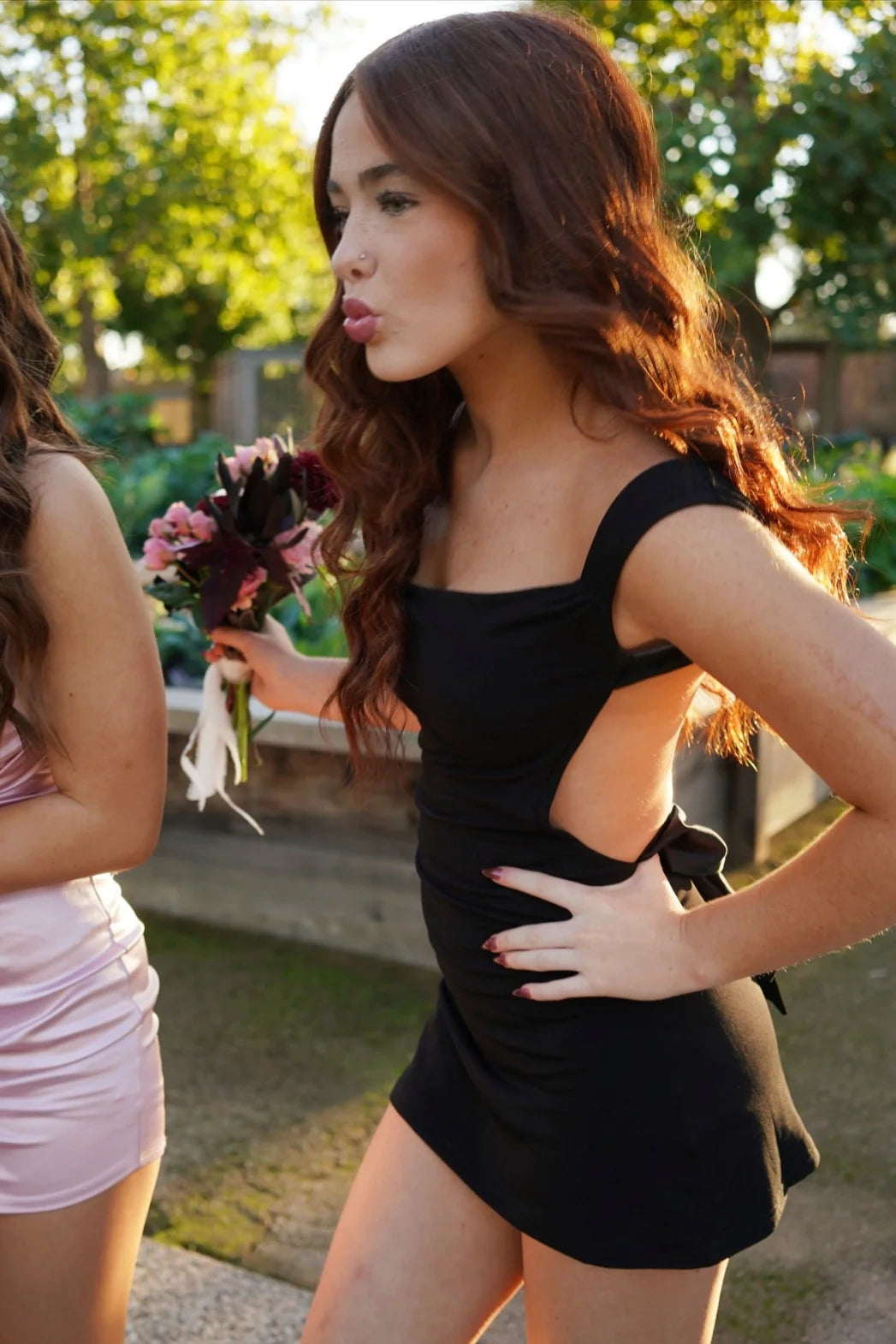 Black Satin Fitted Straps Backless Homecoming Dress With Bow