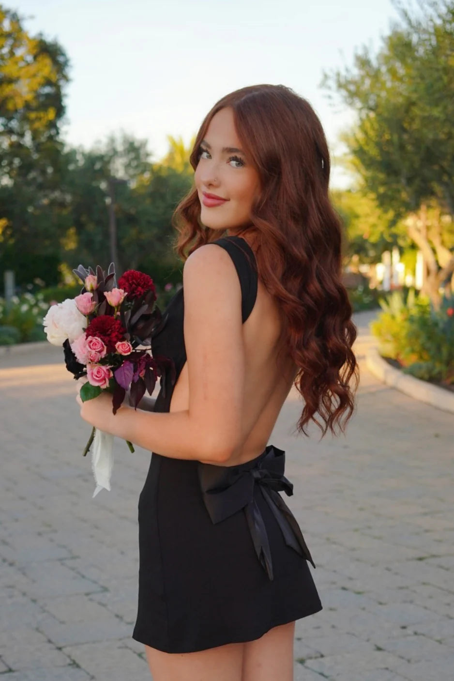 Black Satin Fitted Straps Backless Homecoming Dress With Bow