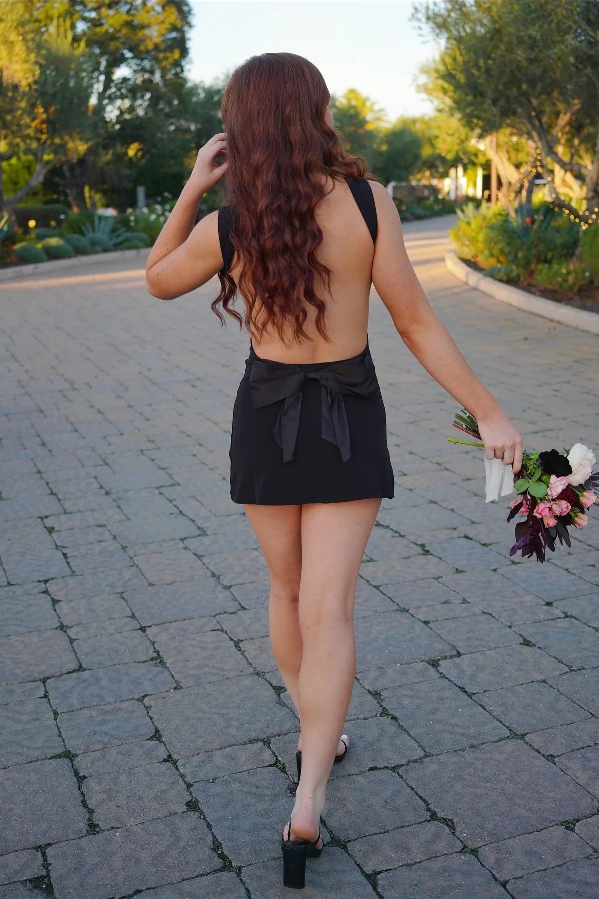 Black Satin Fitted Straps Backless Homecoming Dress With Bow