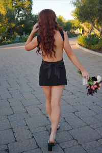 Black Satin Fitted Straps Backless Homecoming Dress With Bow