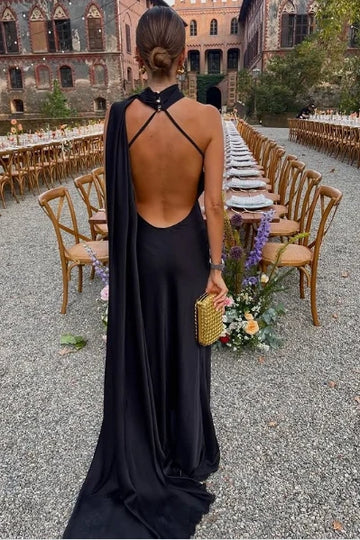 Black Satin High Neck Backless Party Evening Dress With Train