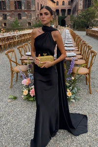 Black Satin High Neck Backless Party Evening Dress With Train