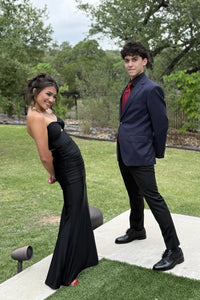 Black Satin Mermaid Sweetheart Strapless Split Prom Party Dress