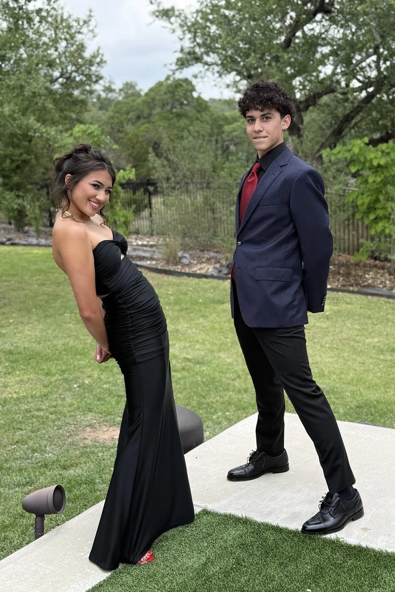 Black Satin Mermaid Sweetheart Strapless Split Prom Party Dress