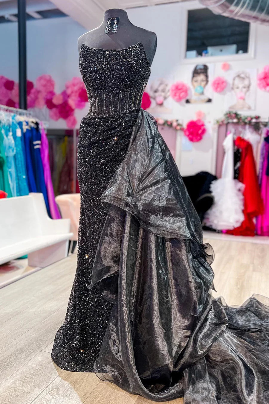 Black Sequin Empire Split Party Prom Dress With Satin Train