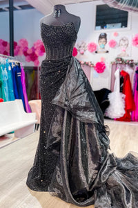 Black Sequin Empire Split Party Prom Dress With Satin Train