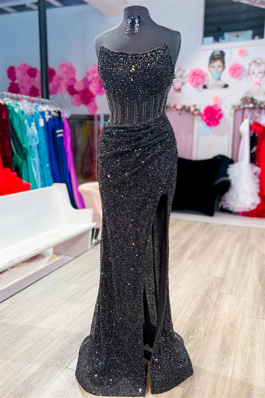 Black Sequin Empire Split Party Prom Dress With Satin Train