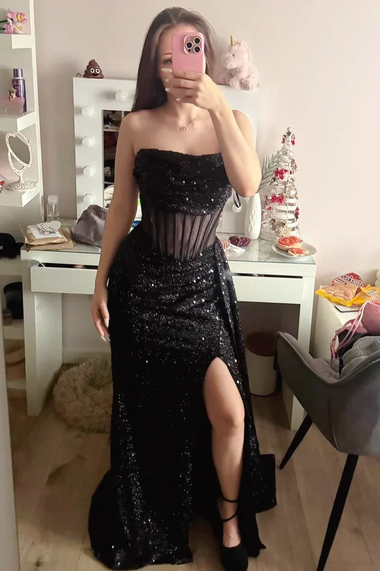 Black Sequin Strapless Mermaid Party Prom Dress With Leg Slit