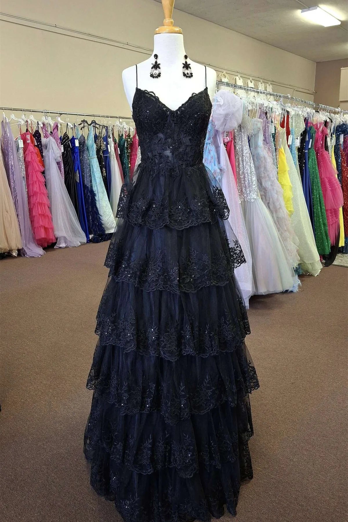 Black Spaghetti Straps Lace A-Line Tiered Party Prom Dress