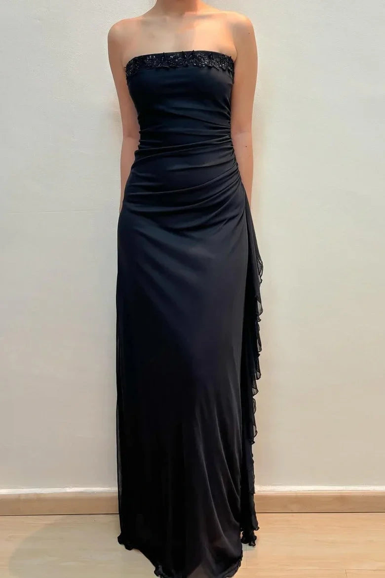 Black Strapless Lace Appliques Satin Maxi Party Prom Dress