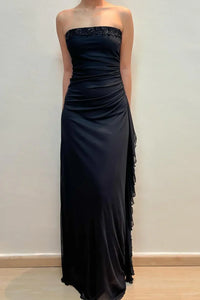 Black Strapless Lace Appliques Satin Maxi Party Prom Dress