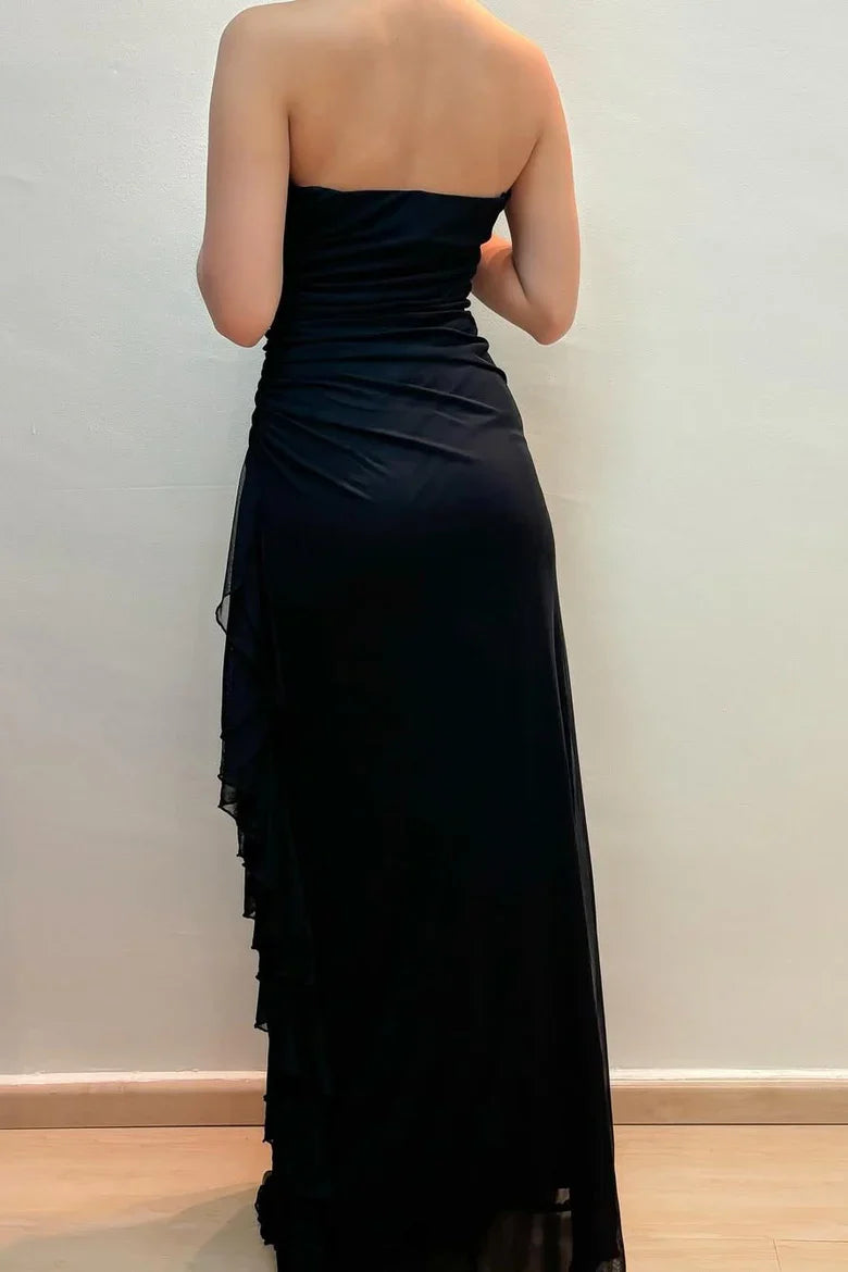 Black Strapless Lace Appliques Satin Maxi Party Prom Dress