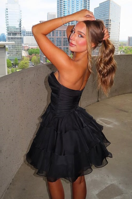 Black Sweetheart Strapless Tiered Chiffon Party Homecoming Dress