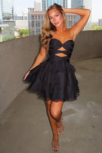 Black Sweetheart Strapless Tiered Chiffon Party Homecoming Dress