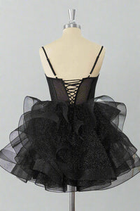Black Straps A-Line Ruffle Homecoming Dress Full Back Shot