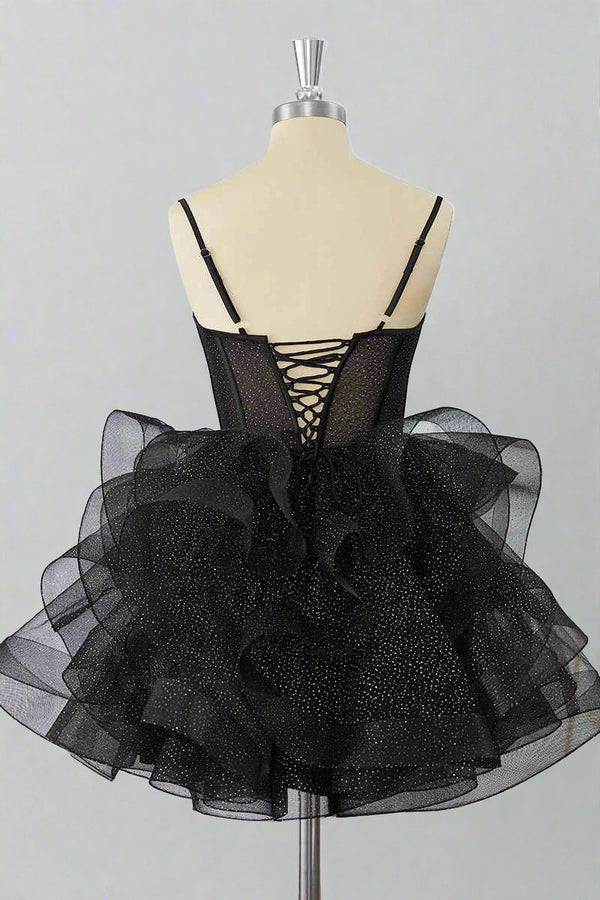 Black Straps A-Line Ruffle Homecoming Dress Full Back Shot