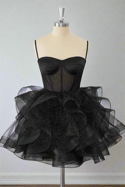 Black Straps A-Line Ruffle Homecoming Dress Full Front Shot