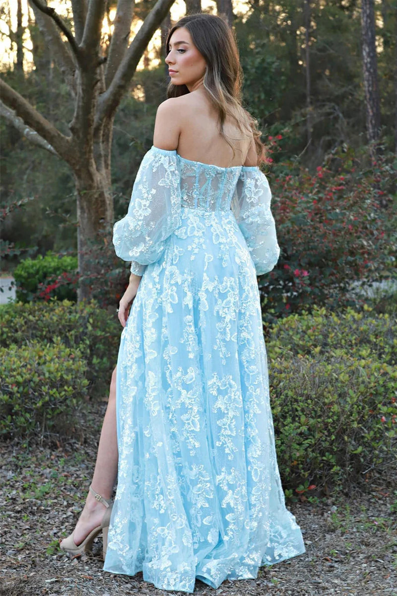 Blue A-Line Sweetheart Long Sleeves Leg Slit Party Prom Dress