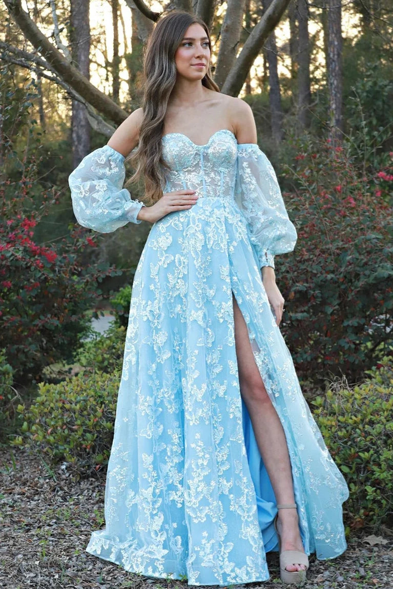 Blue A-Line Sweetheart Long Sleeves Leg Slit Party Prom Dress