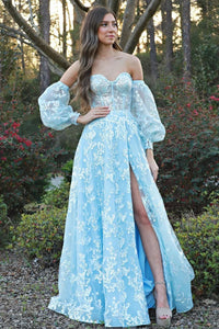 Blue A-Line Sweetheart Long Sleeves Leg Slit Party Prom Dress