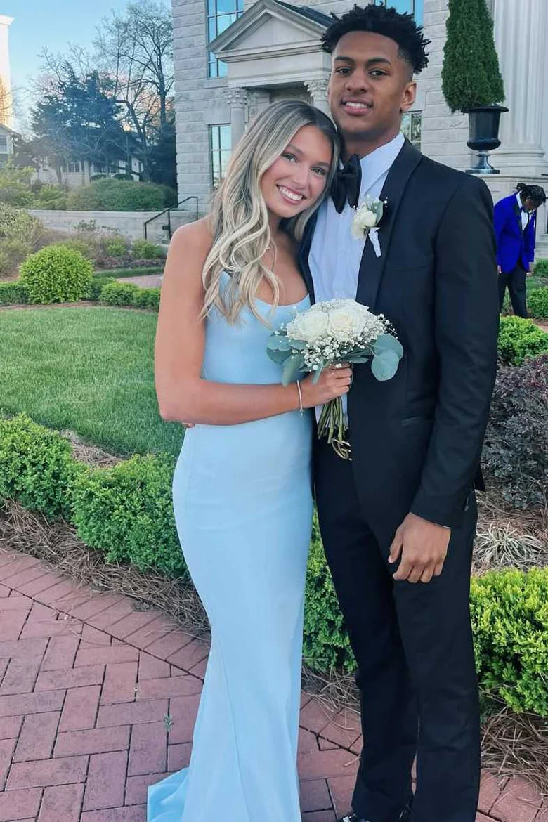 Blue Boat Strapless Satin Mermaid Long Party Prom Dress 