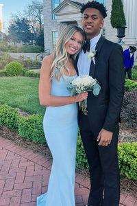 Blue Boat Strapless Satin Mermaid Long Party Prom Dress 