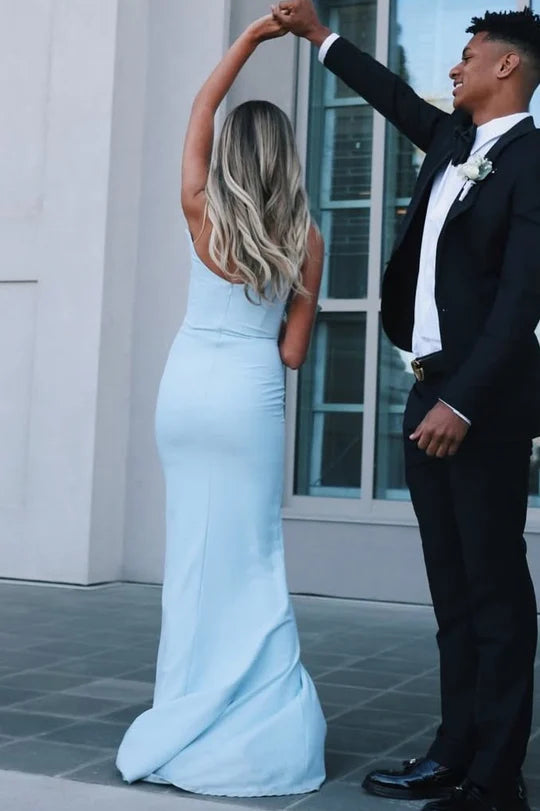 Blue Boat Strapless Satin Mermaid Long Party Prom Dress 