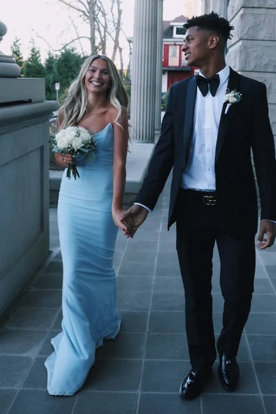 Blue Boat Strapless Satin Mermaid Long Party Prom Dress 