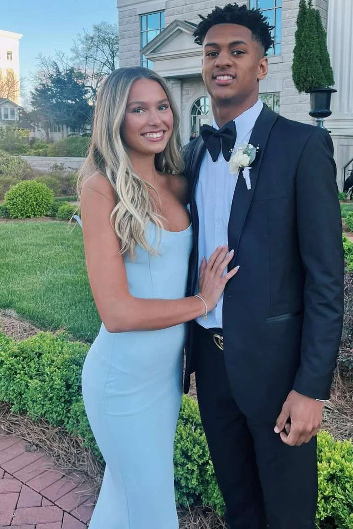 Blue Boat Strapless Satin Mermaid Long Party Prom Dress 