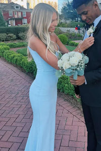 Blue Boat Strapless Satin Mermaid Long Party Prom Dress 