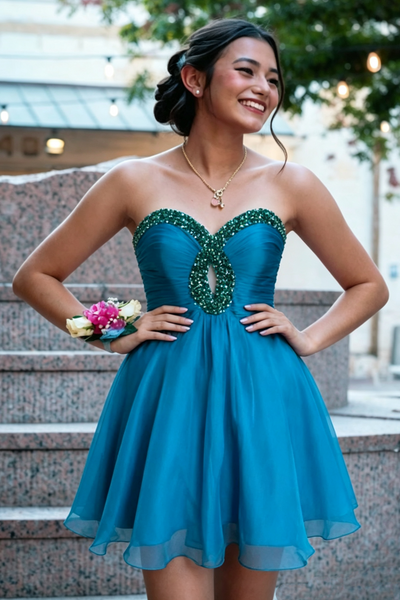 Blue Chiffon A-Line Beaded Sweetheart Strapless Short Homecoming Dress 