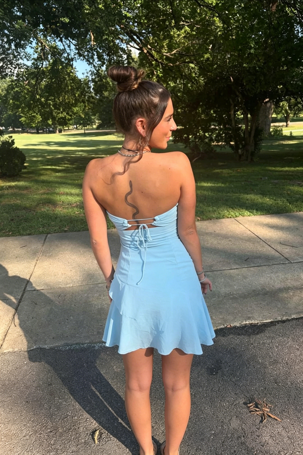 Blue Chiffon A-Line Sweetheart Strapless Ruffle Homecoming Dress