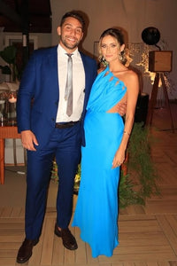 Blue Fitted One Shoulder Backless Maxi Satin Party Prom Dress