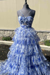 Strapls Blue Floral Print Keyhole Ruffle A-line Long Prom Dress