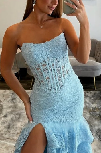 Blue Fully Lace Bateau Strapless Tiered Split Party Prom Dress