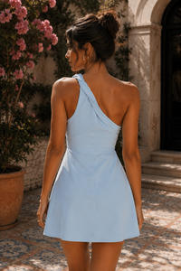 Blue Satin A-Line One Shoulder Sleeveless Mini Homecoming Dress 