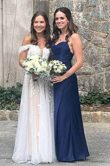 Blue Satin A-Line Sleeveless Bateau Bridesmaid Dress With Leg Slit
