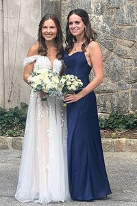 Blue Satin A-Line Sleeveless Bateau Bridesmaid Dress With Leg Slit