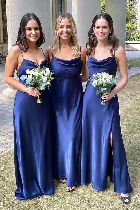 Blue Satin A-Line Sleeveless Bateau Bridesmaid Dress With Leg Slit