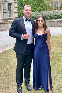 Blue Satin A-Line Sleeveless Bateau Bridesmaid Dress With Leg Slit