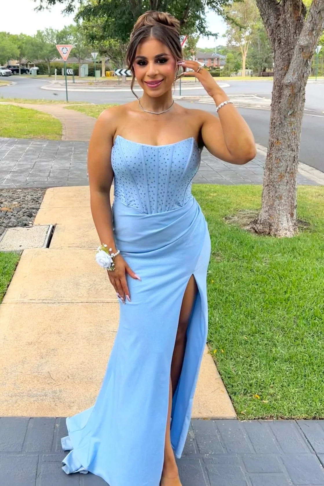 Blue Satin Empire Strapless Beaded Party Prom Dress With High Slit
