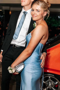 Blue Satin Empire Strapless Beaded Party Prom Dress With High Slit