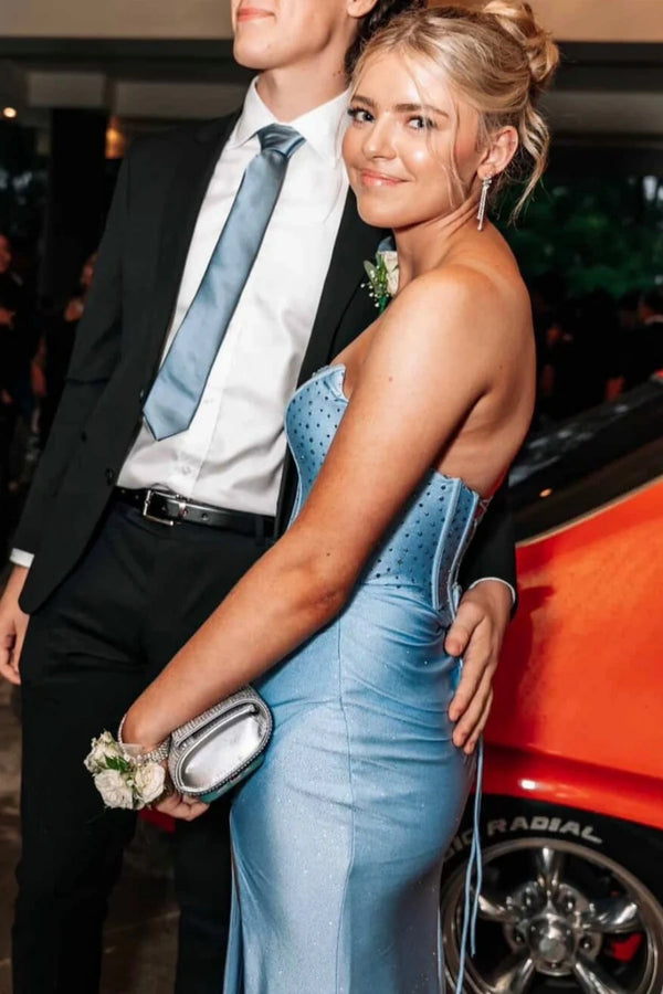 Blue Satin Empire Strapless Beaded Party Prom Dress With High Slit