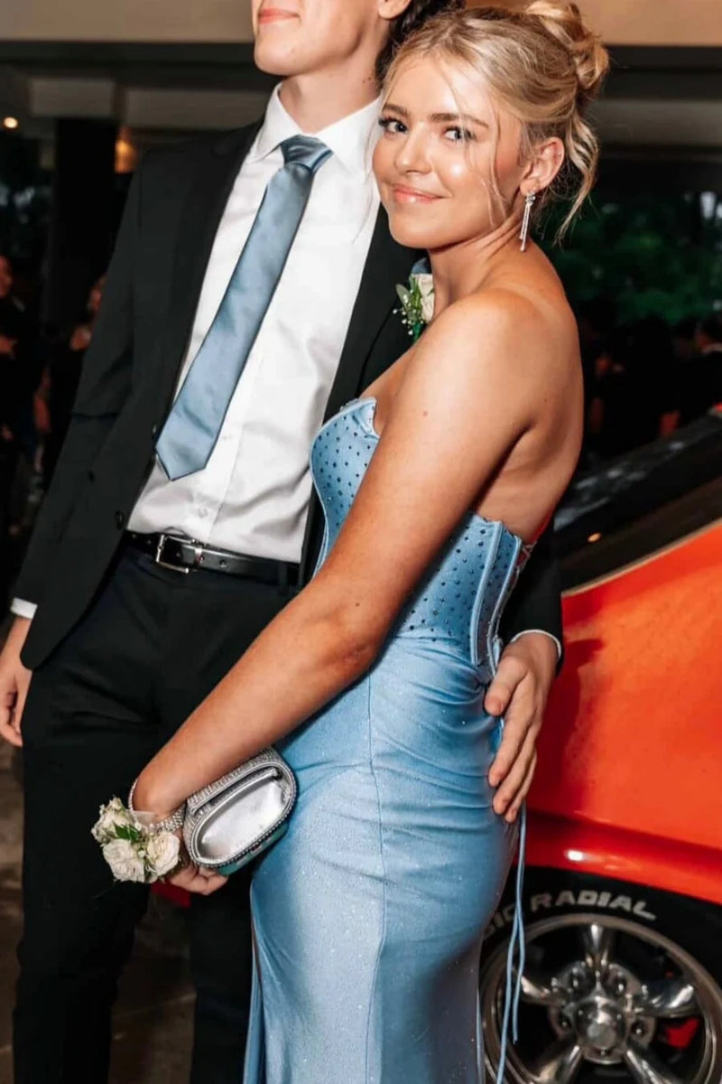Blue Satin Empire Strapless Beaded Party Prom Dress With High Slit