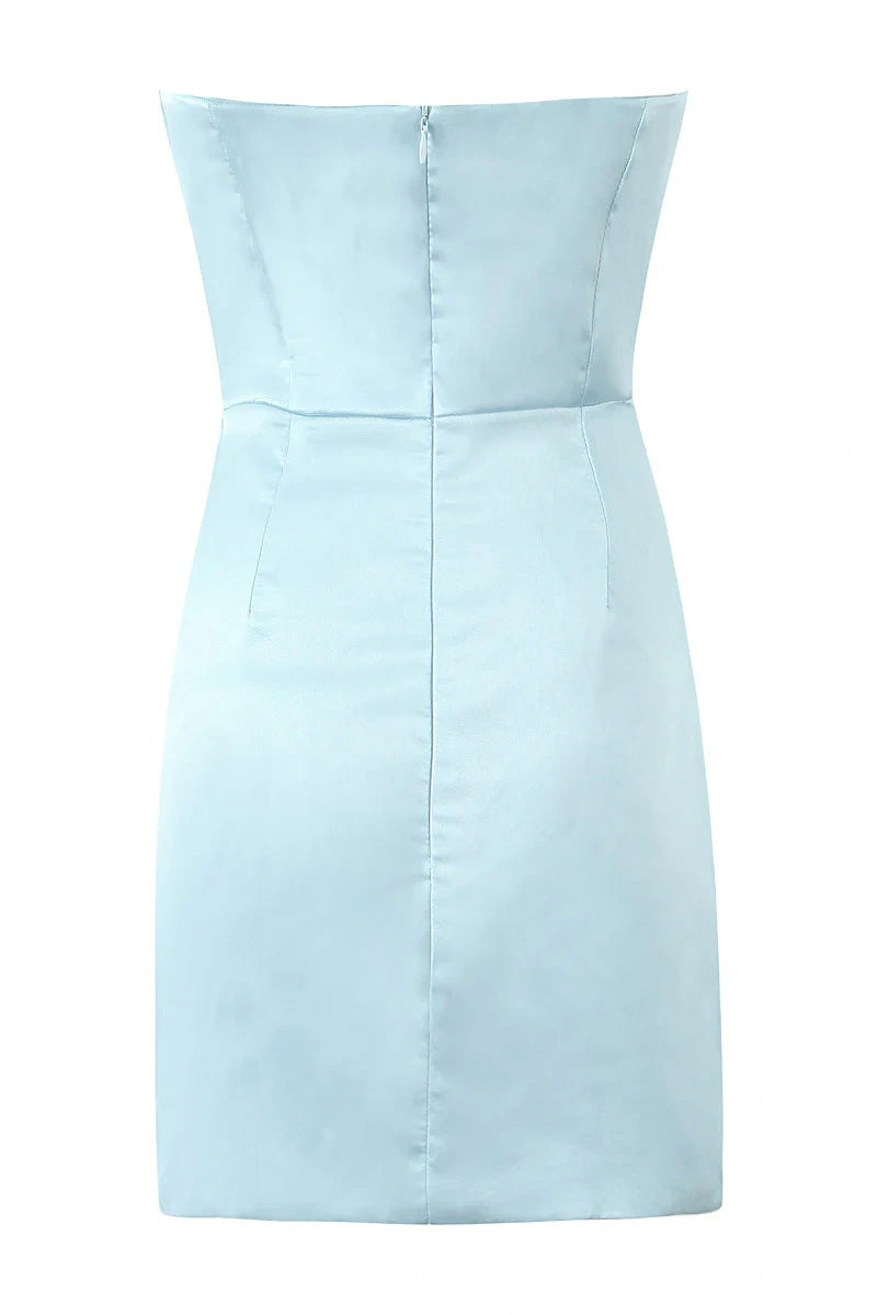 Blue Satin Fitted Strapless Pleated Short Party Homecoming Dress