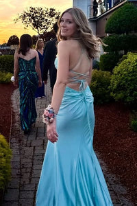 Blue Satin Mermaid V-Neck Lace-Up Lace Appliques Party Prom Dress